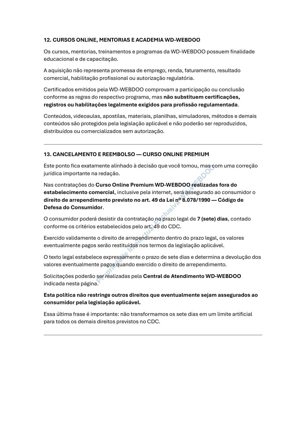 Página 7 de 9 dos Avisos, Termos e Política de Privacidade da WD-WEBDOO