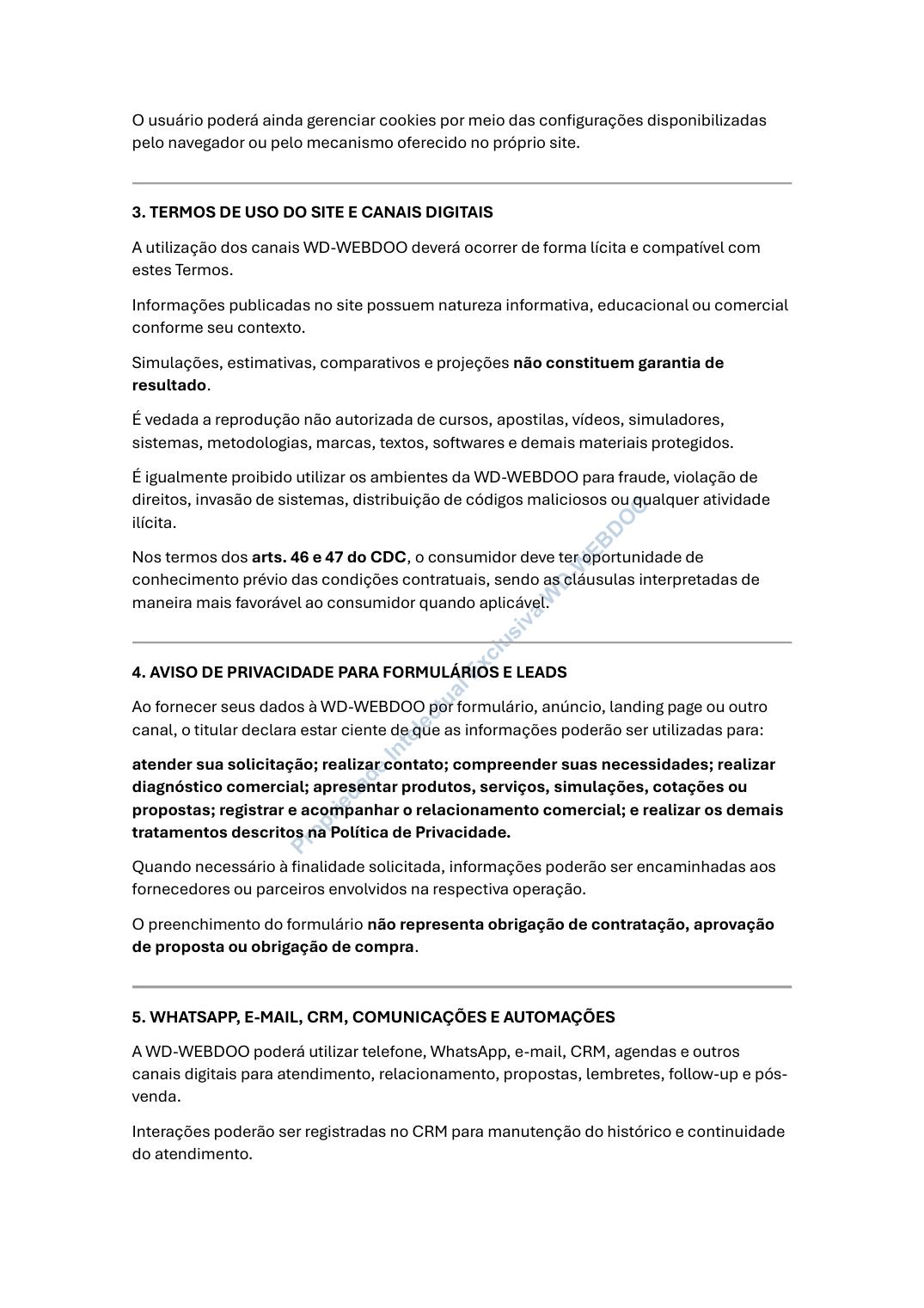 Página 4 de 9 dos Avisos, Termos e Política de Privacidade da WD-WEBDOO