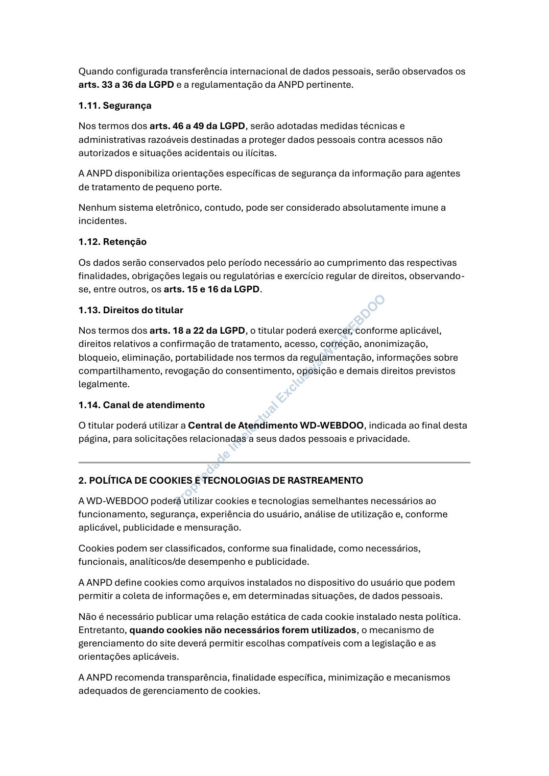 Página 3 de 9 dos Avisos, Termos e Política de Privacidade da WD-WEBDOO