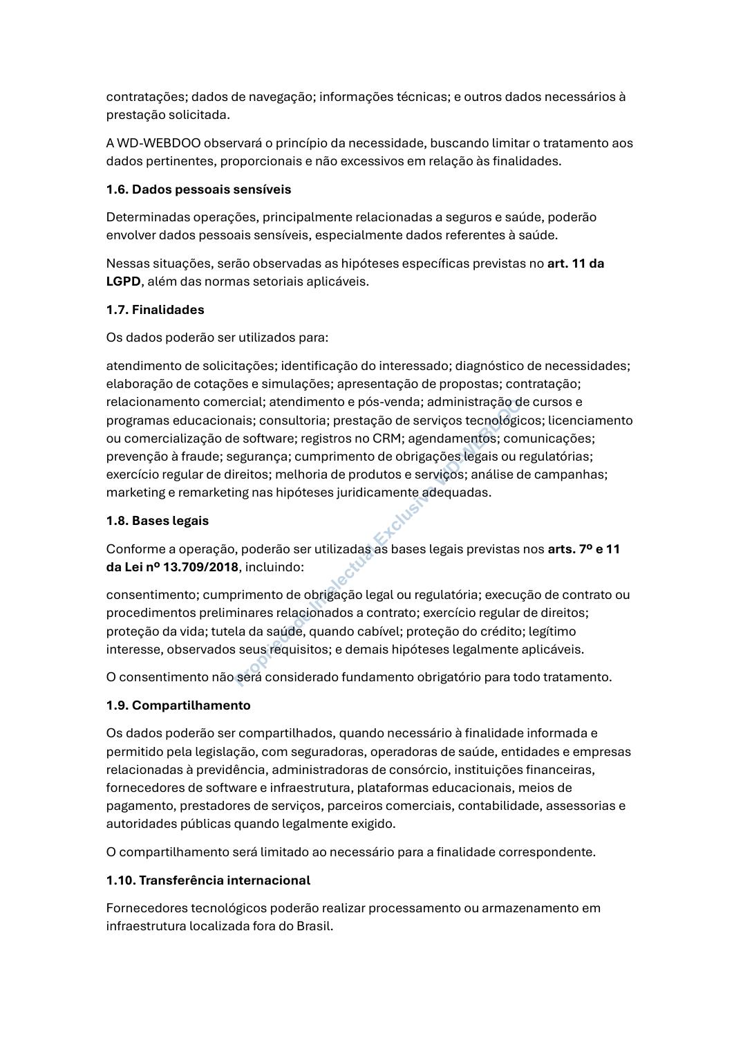 Página 2 de 9 dos Avisos, Termos e Política de Privacidade da WD-WEBDOO